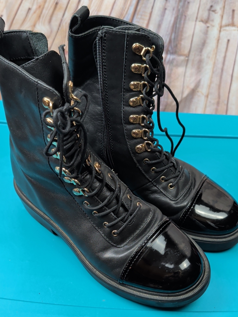 Steve Madden Women's Black Lace-Up Combat Boots with Gloss Toe Size 8
